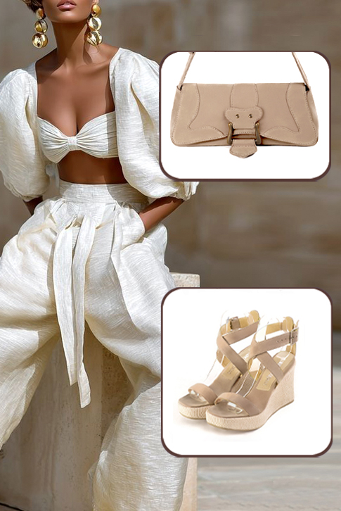 Women's tan beige elegant fully open cross straps sandals. .  - Worn view